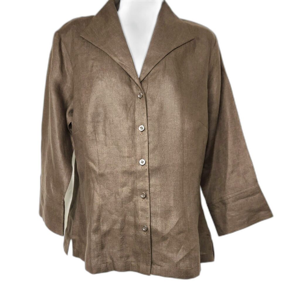 Talbot's Linen Button Up Shirt Chocolate Brown Sz. 10 3/4 Sleeve Office Work